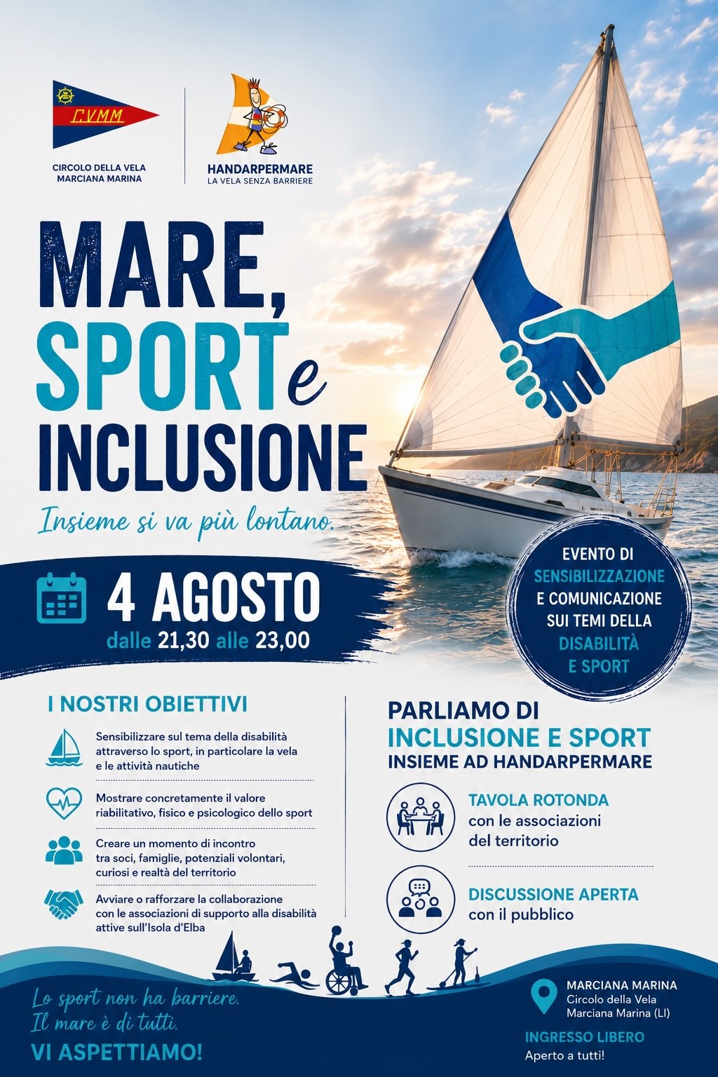 Locandina Mare, Sport e Inclusione del 4 agosto al Circolo della Vela Marciana Marina